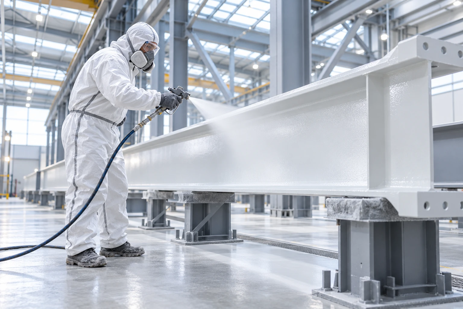 Protective coating specialist working on structural steel in a clean industrial facility